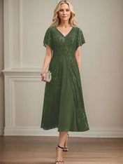 A-line V-Neck Tea-Length Lace Chiffon Mother of the Bride Dress