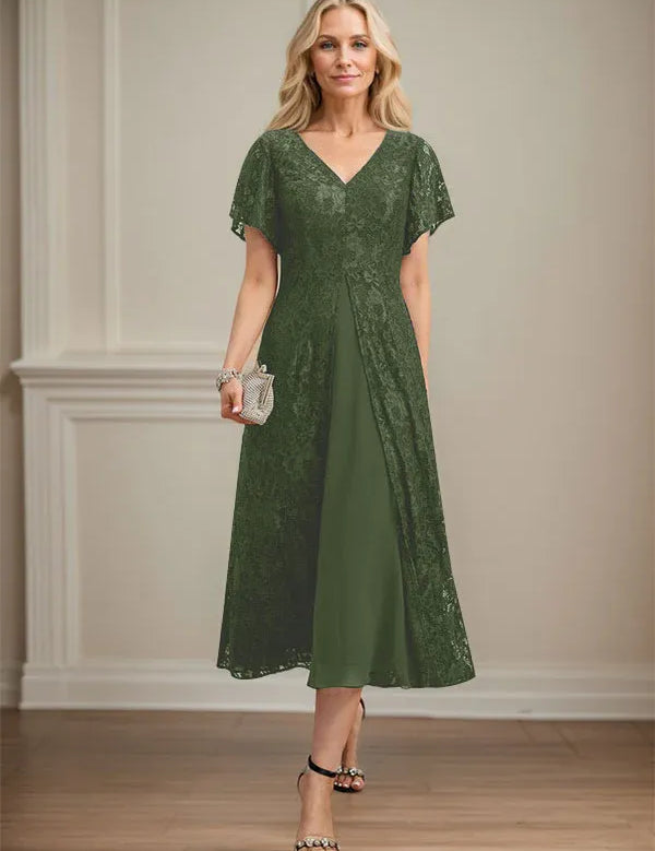 A-line V-Neck Tea-Length Lace Chiffon Mother of the Bride Dress