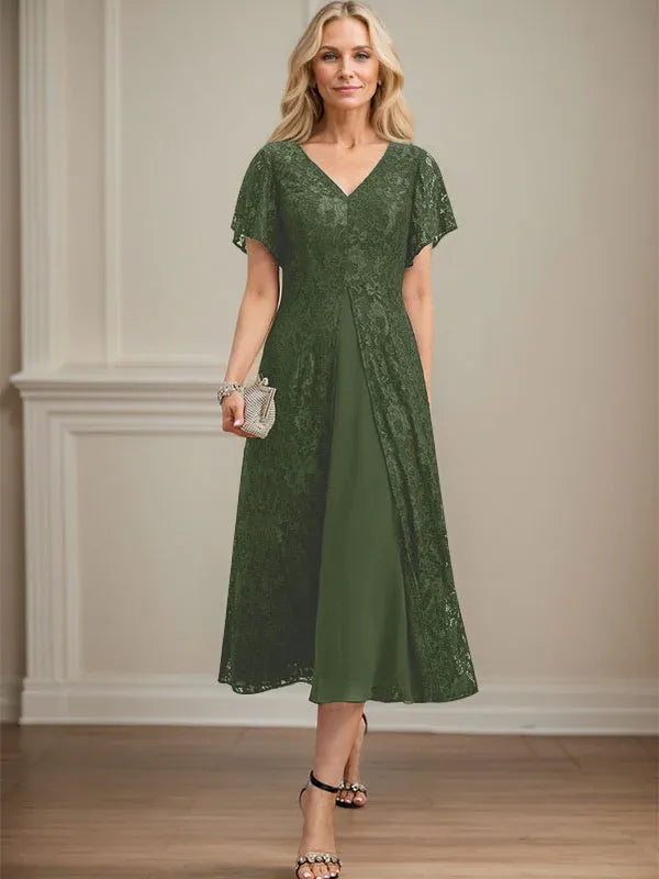 Robe de mère de la mariée en mousseline de soie, coupe trapèze, col en V et longueur thé 