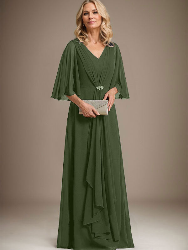 A-line V-Neck Floor-Length Chiffon Mother of the Bride Dress With Cascading Ruffles Crystal Brooch