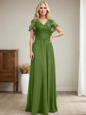A-line V-Neck Floor-Length Lace Chiffon Mother of the Bride Dress With Sequins