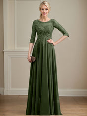 A-line Scoop Illusion Floor-Length Lace Chiffon Mother of the Bride Dress With Sequins