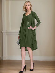 Sheath/Column Sweetheart Knee-Length Chiffon Mother of the Bride Dress With Beading Appliques Lace Sequins Pleated