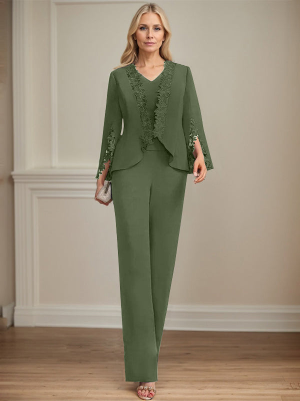 Pantsuit V-Neck Floor-Length Chiffon Mother of the Bride Dress