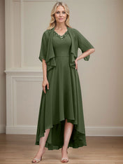 A-line V-Neck Asymmetrical Chiffon Mother of the Bride Dress With Beading Sequins