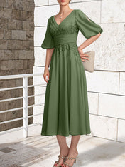 A-line V-Neck Tea-Length Lace Chiffon Mother of the Bride Dress With Pleated