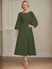 A-line Scoop Tea-Length Chiffon Mother of the Bride Dress With Crystal Brooch Pleated