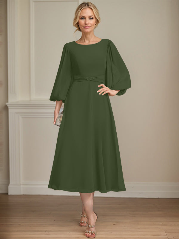 A-line Scoop Tea-Length Chiffon Mother of the Bride Dress With Crystal Brooch Pleated