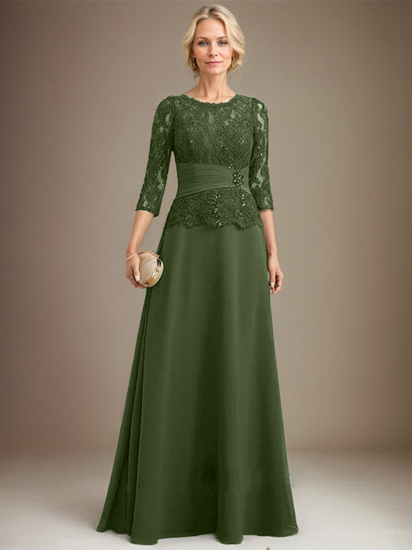 A-line Scoop Illusion Floor-Length Chiffon Lace Mother of the Bride Dress With Pleated Sequins Beading