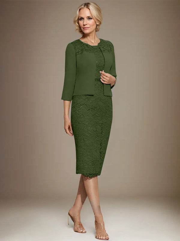 Column Scoop Knee-Length Chiffon Lace Mother of the Bride Dress With Beading