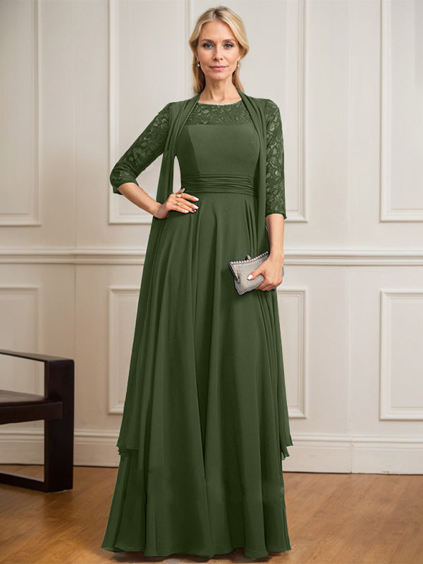 A-line Scoop Illusion Floor-Length Lace Chiffon Mother of the Bride Dress With Pleated