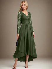 A-line V-Neck Asymmetrical Lace Chiffon Mother of the Bride Dress