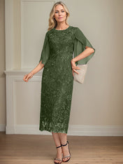 Sheath/Column Scoop Tea-Length Lace Chiffon Mother of the Bride Dress