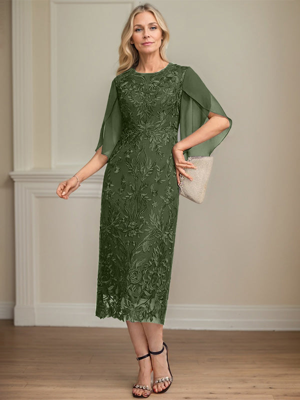 Column Scoop Tea-Length Lace Chiffon Mother of the Bride Dress