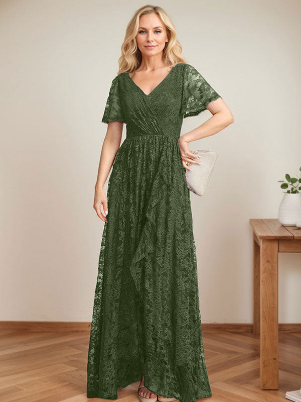 A-Line V-Neck Asymmetrical Lace Mother of the Bride Dress With Cascading Ruffles