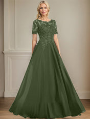A-line Scoop Illusion Floor-Length Chiffon Lace Mother of the Bride Dress With Sequins Beading