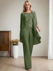 Separates Jumpsuit/Pantsuit Scoop Floor-Length Chiffon Lace Mother of the Bride Dress With Beading Sequins