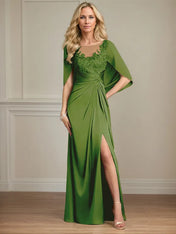 Sheath/Column Satin Scoop Neck Cap Sleeves Floor Length Mother Of The Bride Dresses