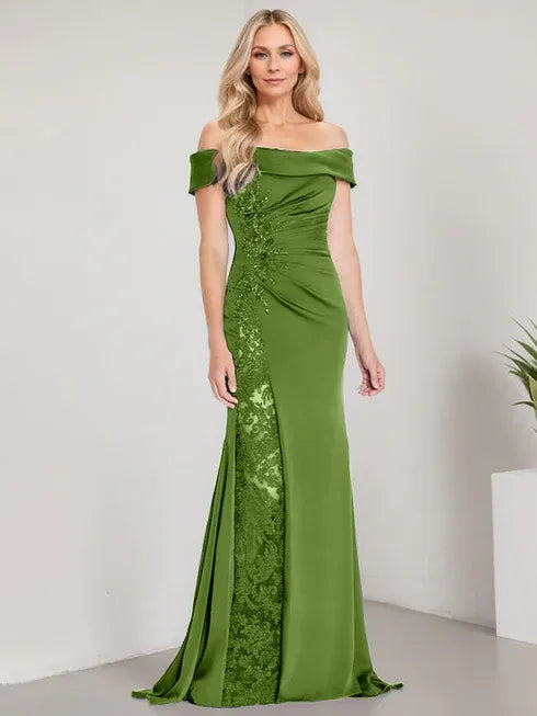 A-Line Off the Shoulder Floor-Length Mother of the Bride Dress Applique Beadings Mermaid Dress With  High Split