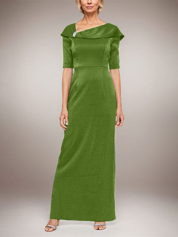 Long Shimmer Column Dress with Foldover Cuff L-Neckline and Elbow Sleeves
