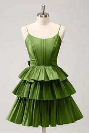 A Line Spaghetti Straps Corset Tiered Ruffle Homecoming Dress with Bow