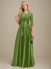 A-line Scoop Illusion Floor-Length Stretch Satin Lace Mother of the Bride Dress With Bow Sequins