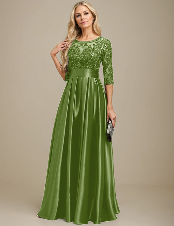 A-line Scoop Illusion Floor-Length Stretch Satin Lace Mother of the Bride Dress With Bow Sequins
