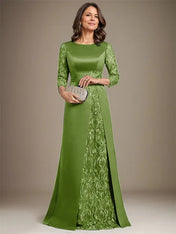 A-Line Scoop Floor-Length Lace Satin Mother Of the Bride Dress With Applique