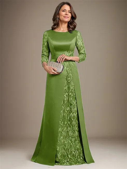 Robe de mère de la mariée en satin et dentelle, coupe trapèze, longueur au sol, avec appliques 