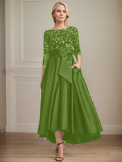 A-line Scoop Illusion Asymmetrical Satin Lace Mother of the Bride Dress With Bow