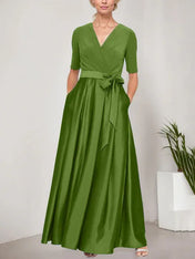 Surplice Neckline Ballgown with Full Satin Skirt & Jersey Bodice