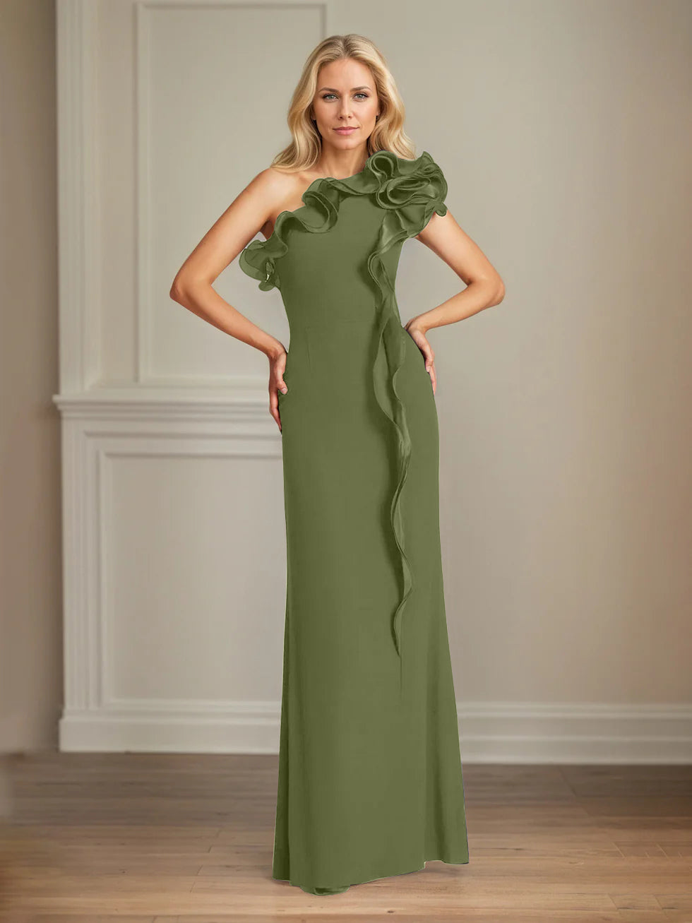 Column One Shoulder Floor Length Mother of the Bride Dresses With Ruffles