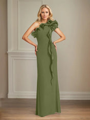 Navy Stretch Crepe Sheath/Column One Shoulder Floor Length Mother of the Bride Dresses With Ruffles
