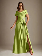 A-Line Scoop Floor-Length Stretch Satin Mother of the Bride Dress With Cascading Ruffles