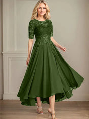 A-line Scoop Illusion Asymmetrical Chiffon Lace Mother of the Bride Dress With Sequins