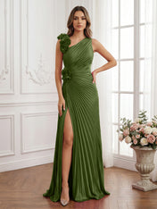 Olive Green Pleated One-Shoulder Prom Dress with 3D Rosettes