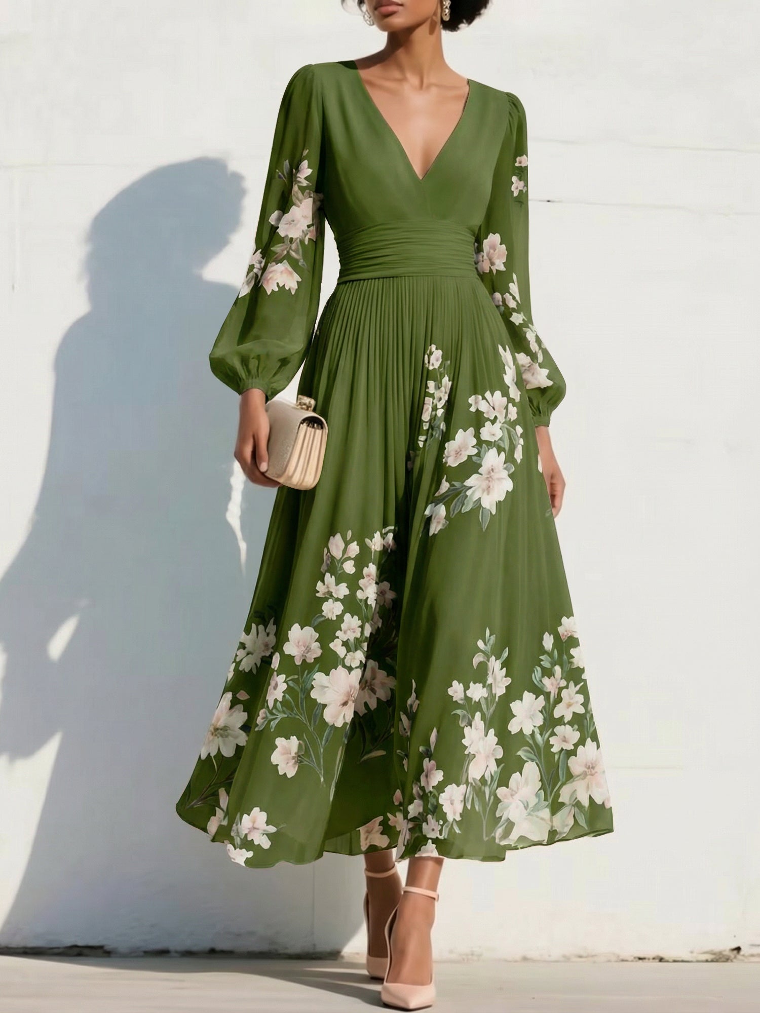 Elegant Floral V-Neck Pleated Midi Dress with Long Sleeves