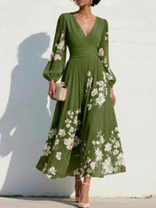 Elegant Floral V-Neck Pleated Midi Dress with Long Sleeves
