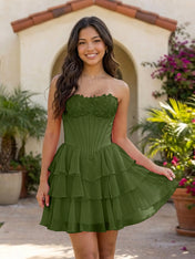 Pink Lace Strapless Corset Mini Dress Tiered Chiffon Skirt Lace Up Back Homecoming Dresses