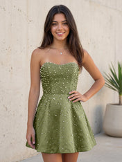 Baby Blue All Over Pearl Strapless Satin A-Line Mini Homecoming Dresses