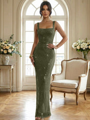 Sparkly Champagne Crystal Mesh Square Neck Long Prom Dress