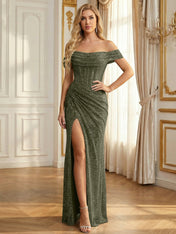 Sparkly Off-the-Shoulder Mesh Ruched Bodice Long Prom Dress with High Slit