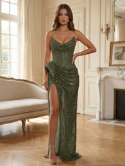 Champagne Gold Crystal-Embellished Corset Long Prom Dress with Slit