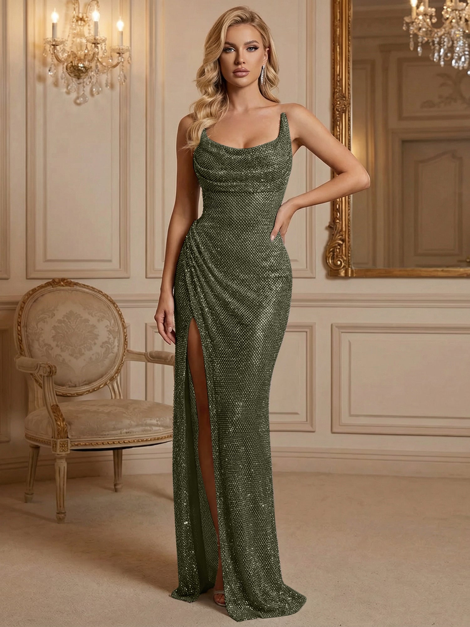 Silver Sequin Cowl Neck Ruched Long Prom Dress with High Slit