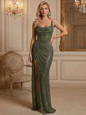 Silver Sequin Cowl Neck Ruched Long Prom Dress with High Slit