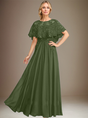 A-line Boat Neck Floor-Length Lace Chiffon Mother of the Bride Dress With Applique Sequins