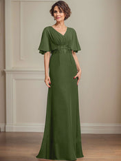 A-line V-Neck Floor-Length Chiffon Mother of the Bride Dress With Pleated Sequins Appliques Lace