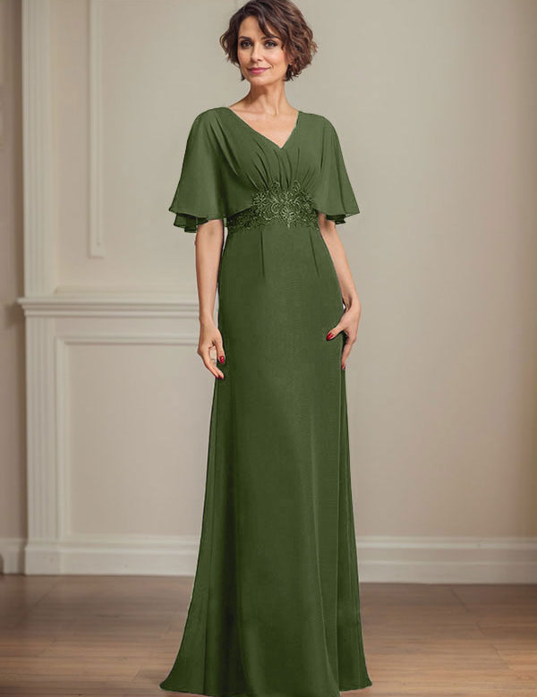 A-line V-Neck Floor-Length Chiffon Mother of the Bride Dress With Pleated Sequins Appliques Lace