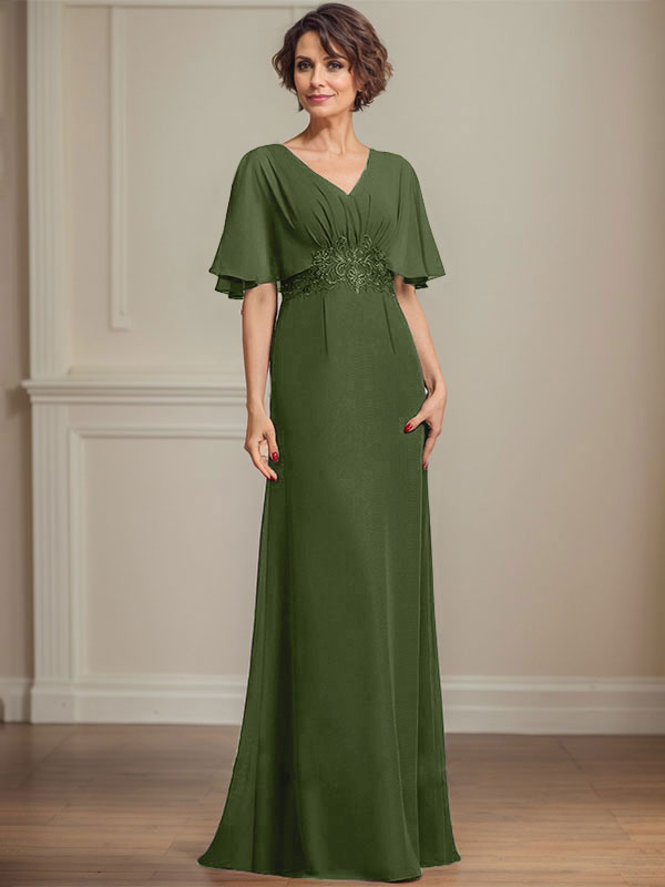 A-line V-Neck Floor-Length Chiffon Mother of the Bride Dress With Pleated Sequins Appliques Lace