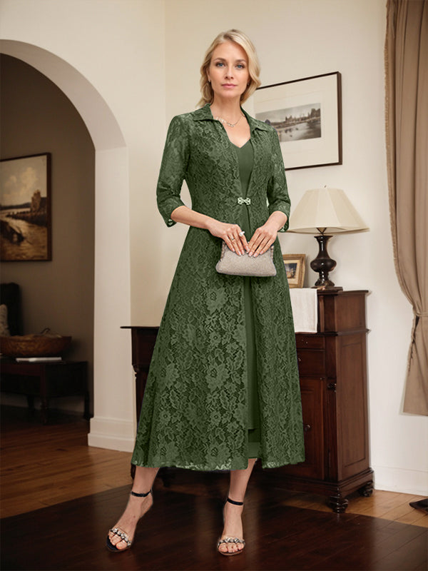 Robe de mère de la mariée en mousseline de soie, coupe trapèze, col en V et longueur thé 
